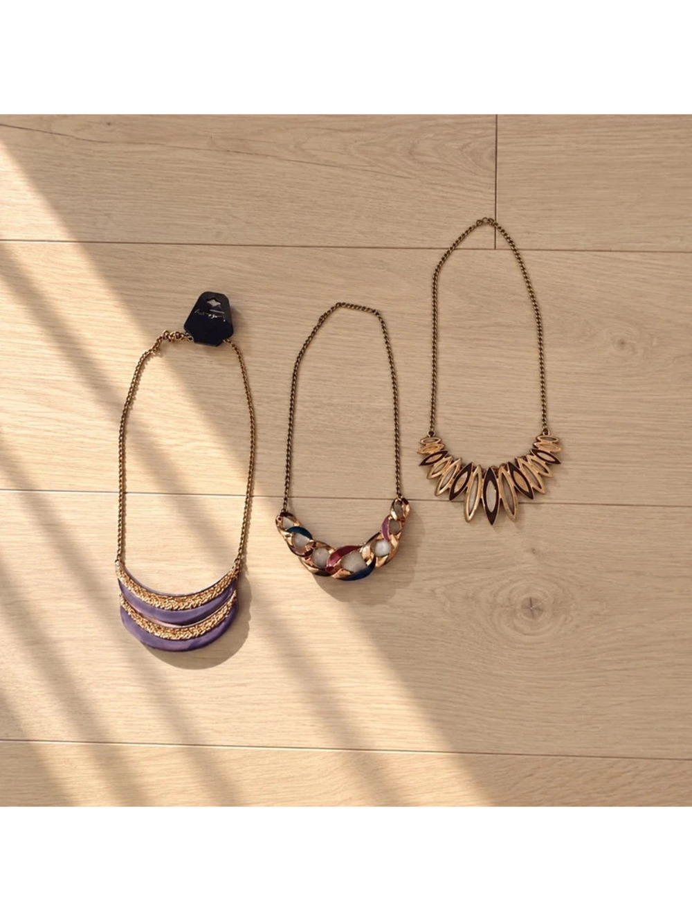 3pc Statement Necklace Lot Gold Tone Purple Multicolor Boho Costume Jewelry